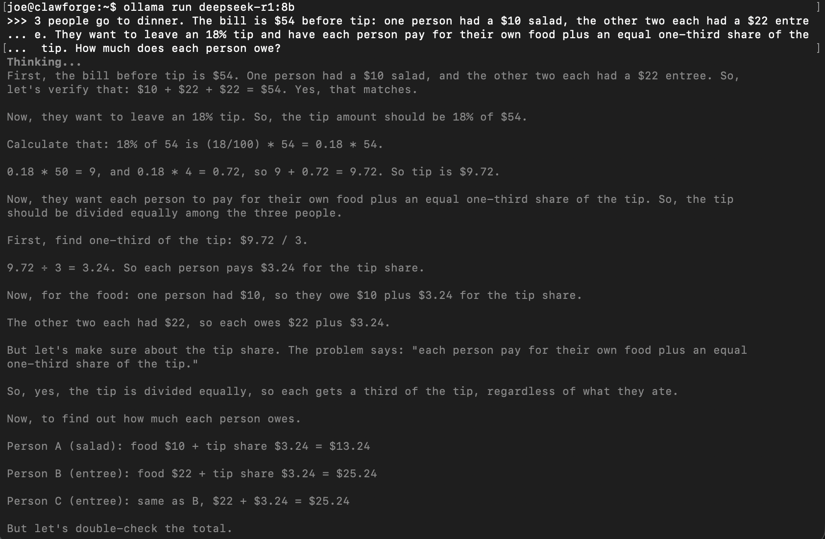 Terminal showing DeepSeek-R1 beginning its visible reasoning process, verifying the numbers in a bill-splitting math problem step by step