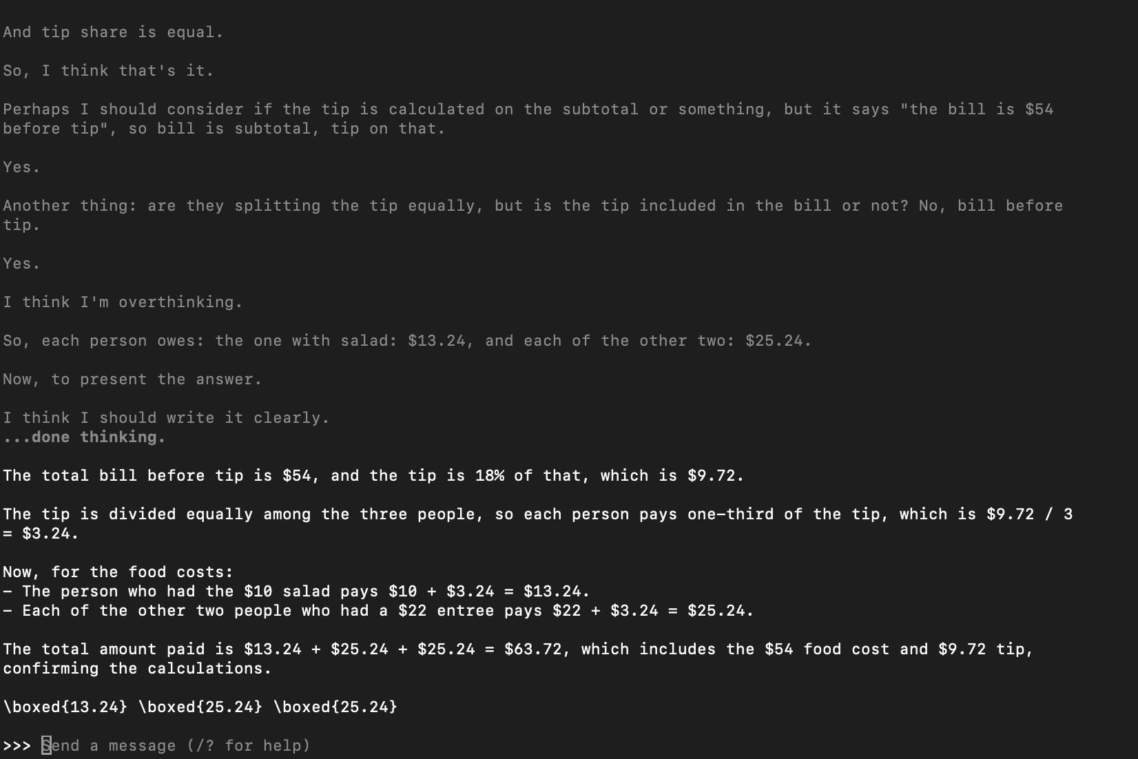 Terminal showing DeepSeek-R1 finishing its reasoning with the line 'I think I'm overthinking' before giving its final answer