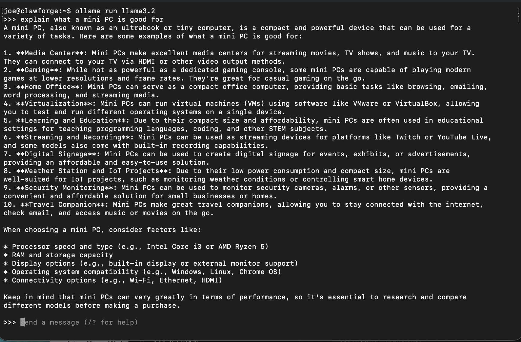 Terminal window showing ollama run llama3.2 with a real question and the model's response