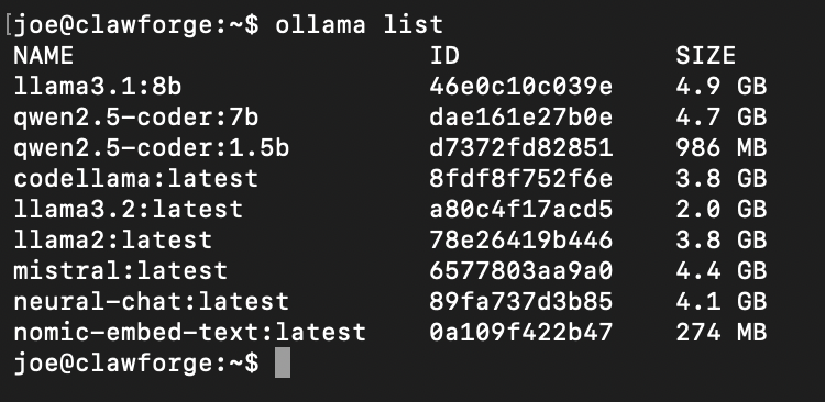 Terminal output of ollama list showing nine installed models with their sizes