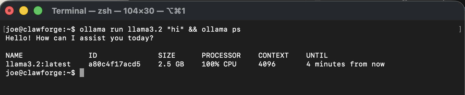 Terminal showing ollama ps output with a loaded model, its size, and the PROCESSOR column reading 100% CPU