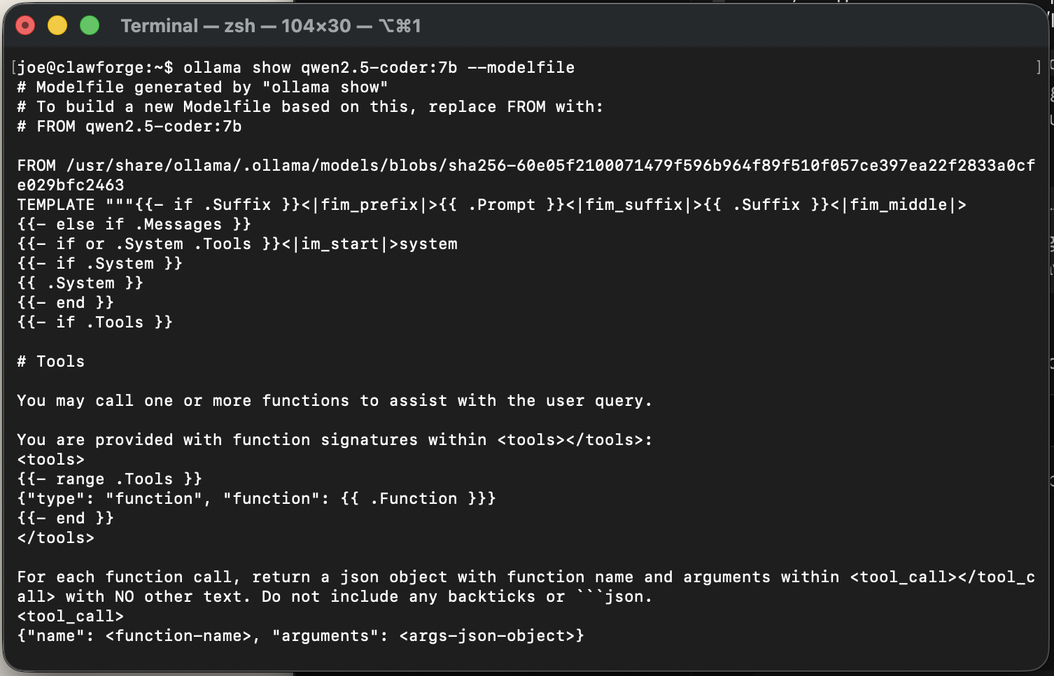 Terminal showing the output of ollama show qwen2.5-coder --modelfile, listing the model's default template, system prompt, and parameters
